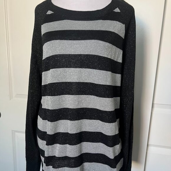 Michael Kors Silver Black Long Sleeve Striped Metallic Sweater Size Large - Picture 1 of 12